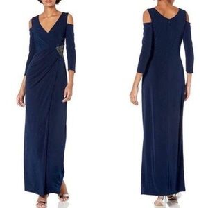 LAUNDRY BY SHELLI SEGAL INKBLOT BLUE FITTED SHEATH 3/4 SLEEVE BEADED GOWN DRESS